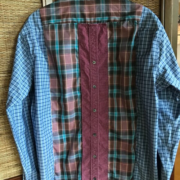 Upcycled Patchwork Button-Down Shirt, Size M-L: Boho Fringed Hem, Mixed Print - Picture 9 of 13